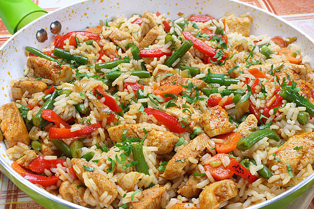 Fried chicken with rice and vegetables